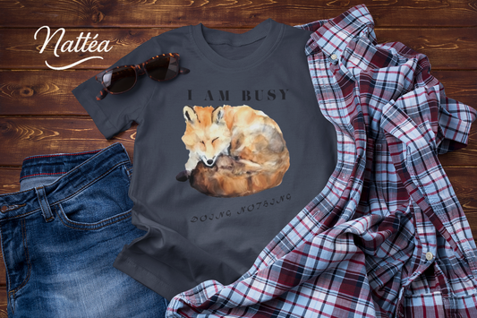 Watercolor Fox T-Shirt – “I Am Busy Doing Nothing” Funny Quote Design