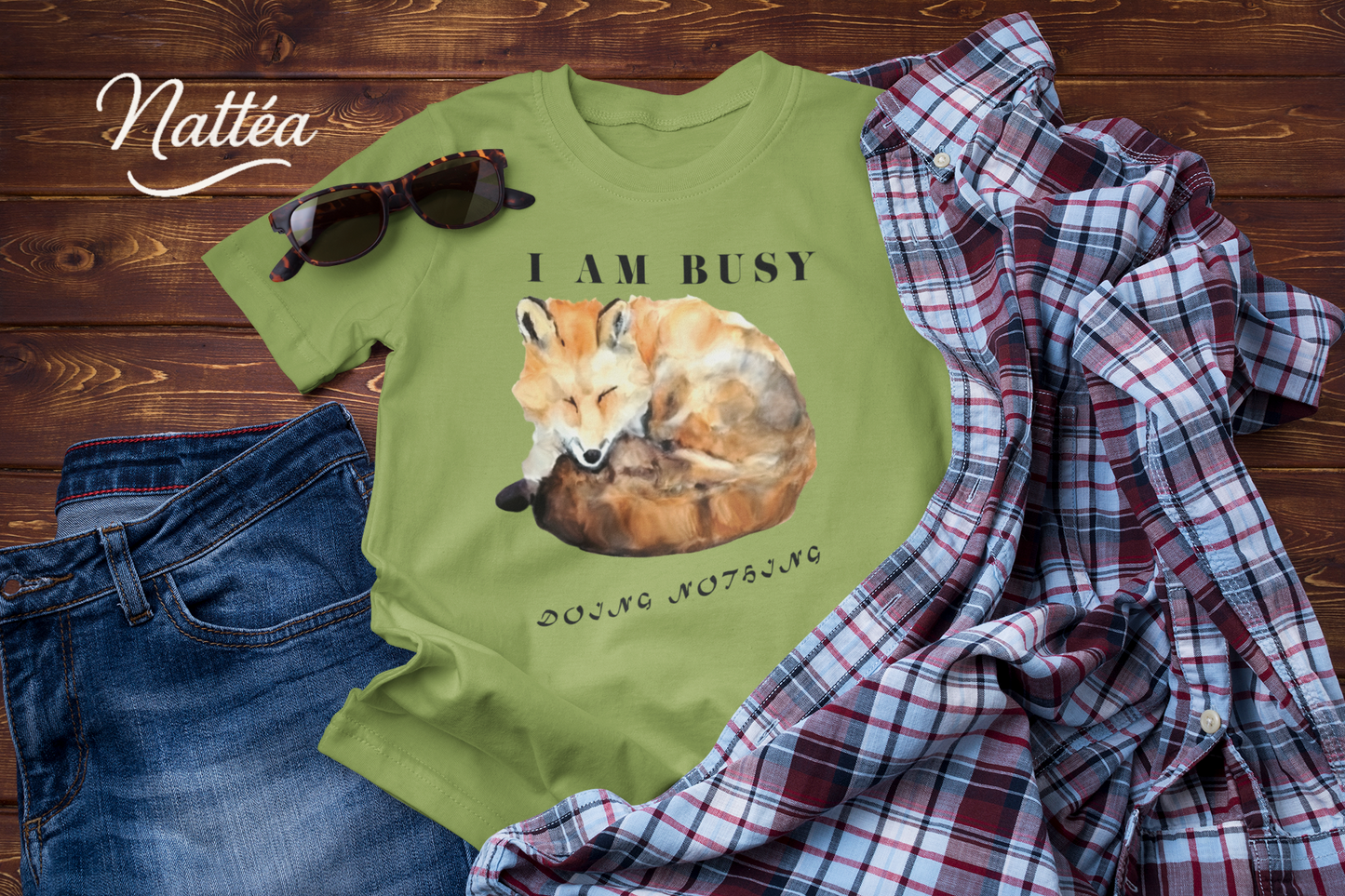 Watercolor Fox T-Shirt – “I Am Busy Doing Nothing” Funny Quote Design