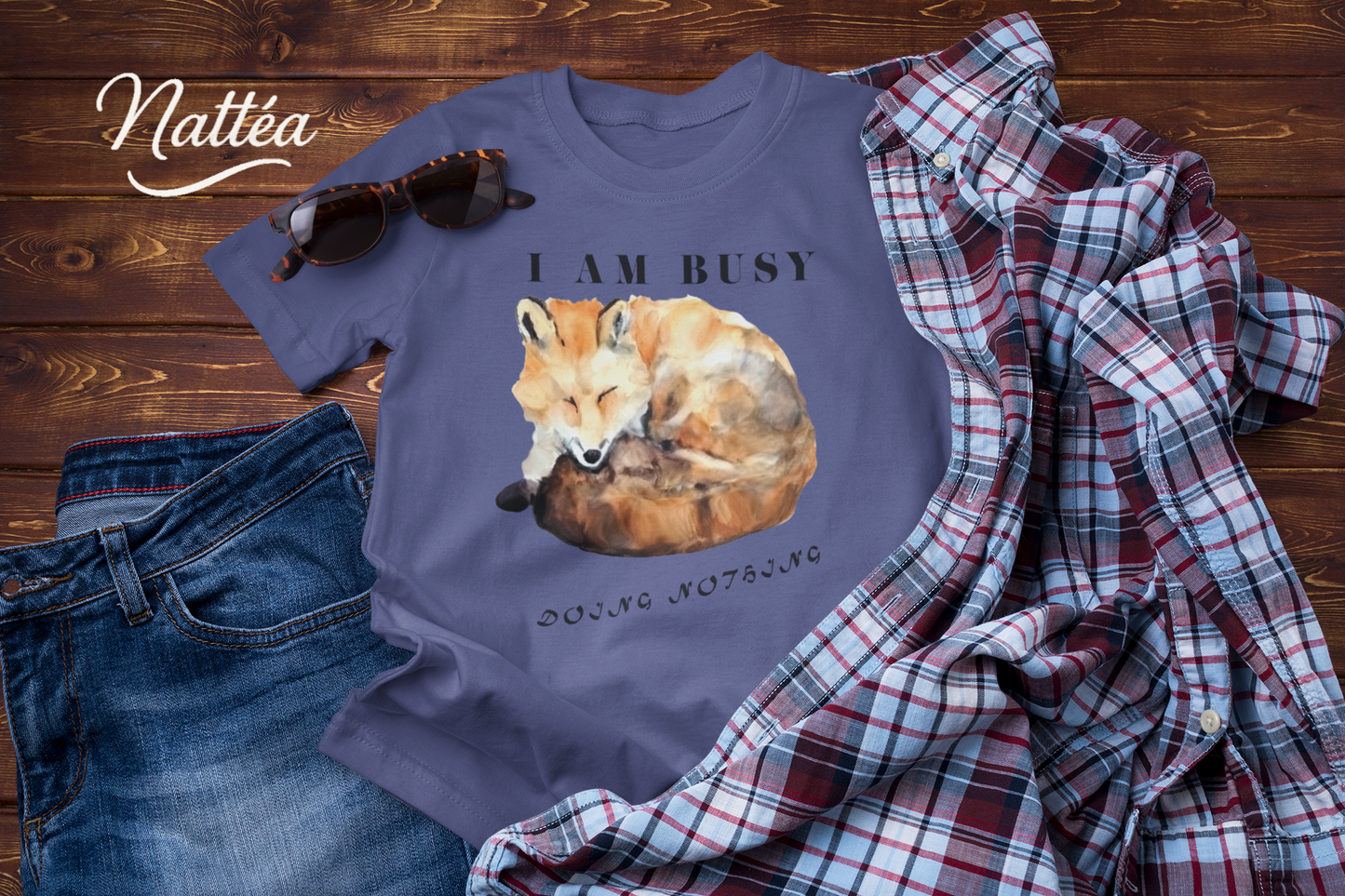 Watercolor Fox T-Shirt – “I Am Busy Doing Nothing” Funny Quote Design