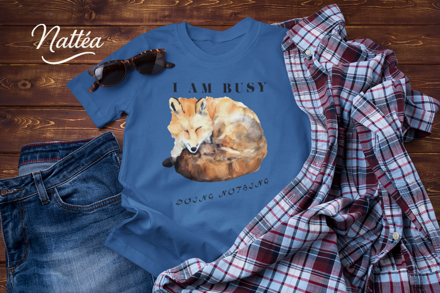 Watercolor Fox T-Shirt – “I Am Busy Doing Nothing” Funny Quote Design