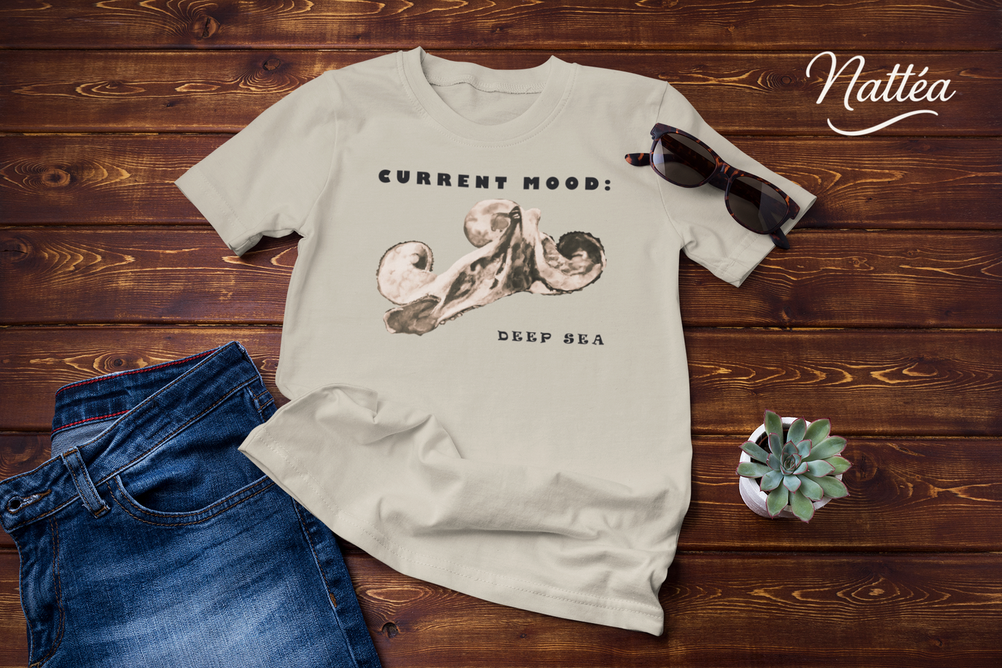 Funny Octopus T-Shirt – Vintage Ocean Art “Current Mood Deep Sea” Design