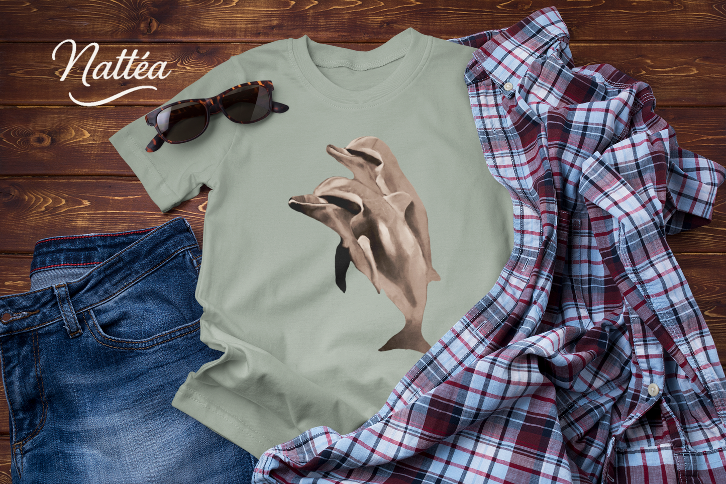 Vintage Style Dolphin Art T-Shirt – Ocean Sea Life Design from Original Painting