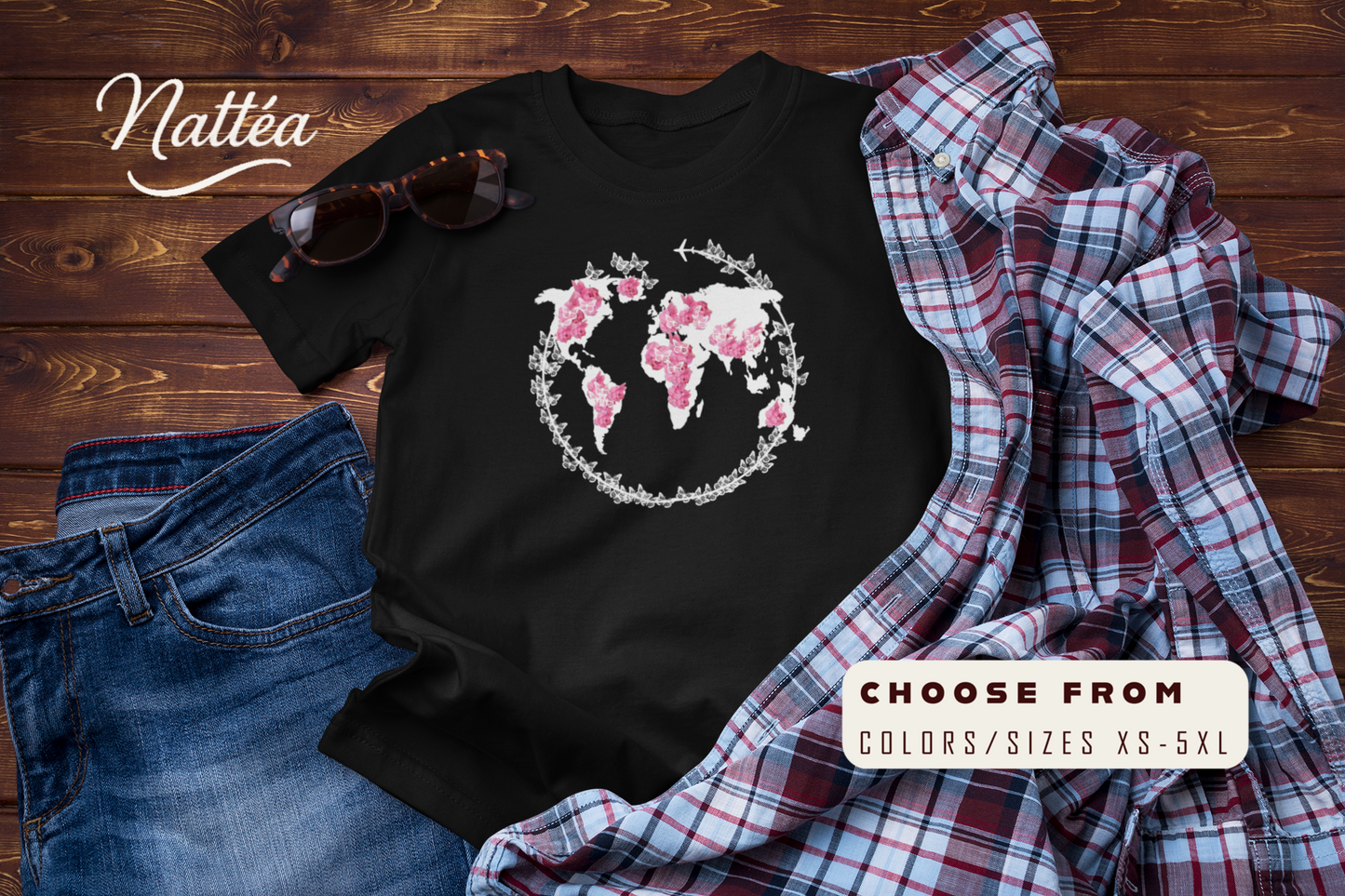 Floral World Map T-Shirt – Travel the World Adventure Design