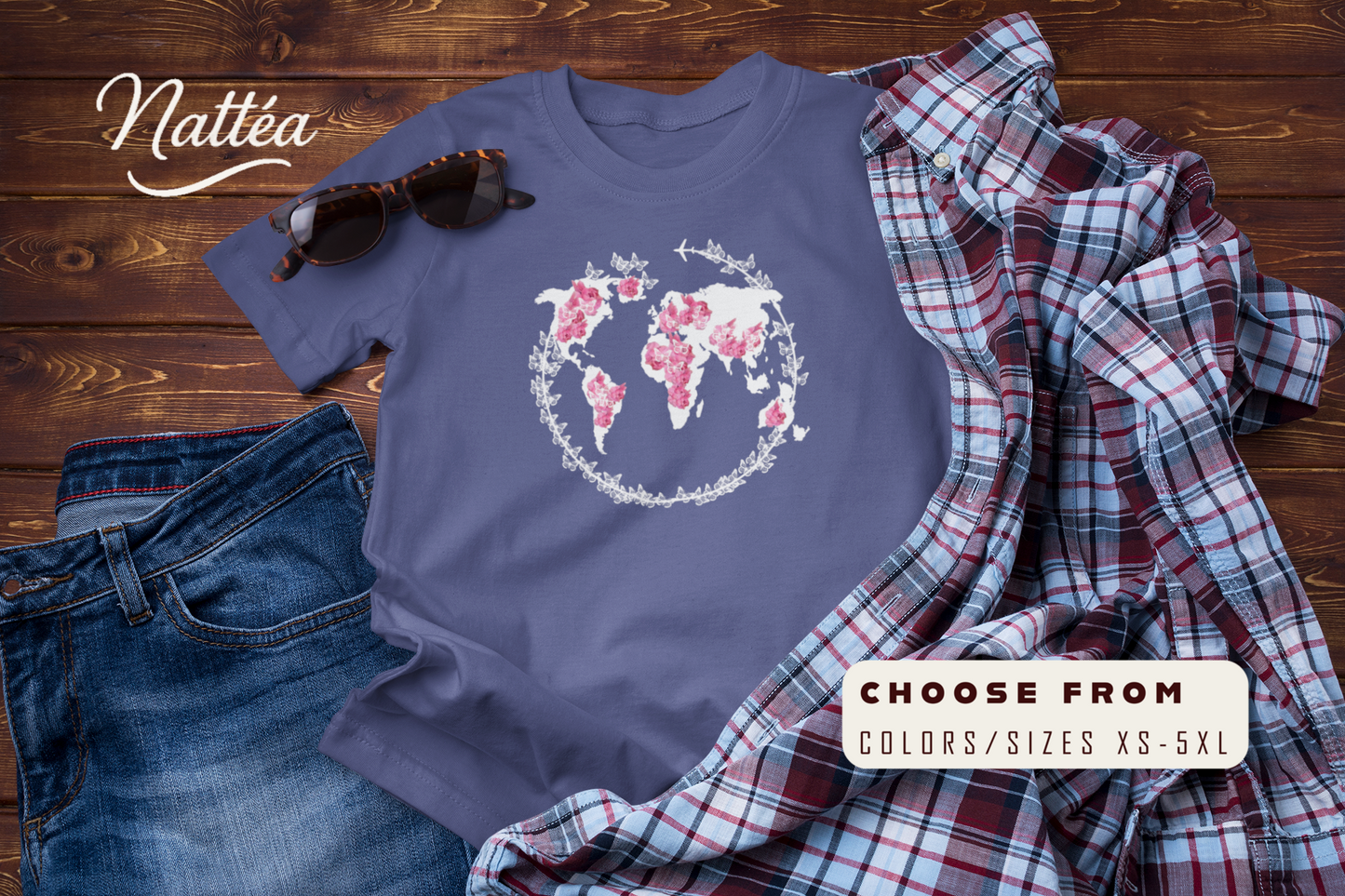 Floral World Map T-Shirt – Travel the World Adventure Design