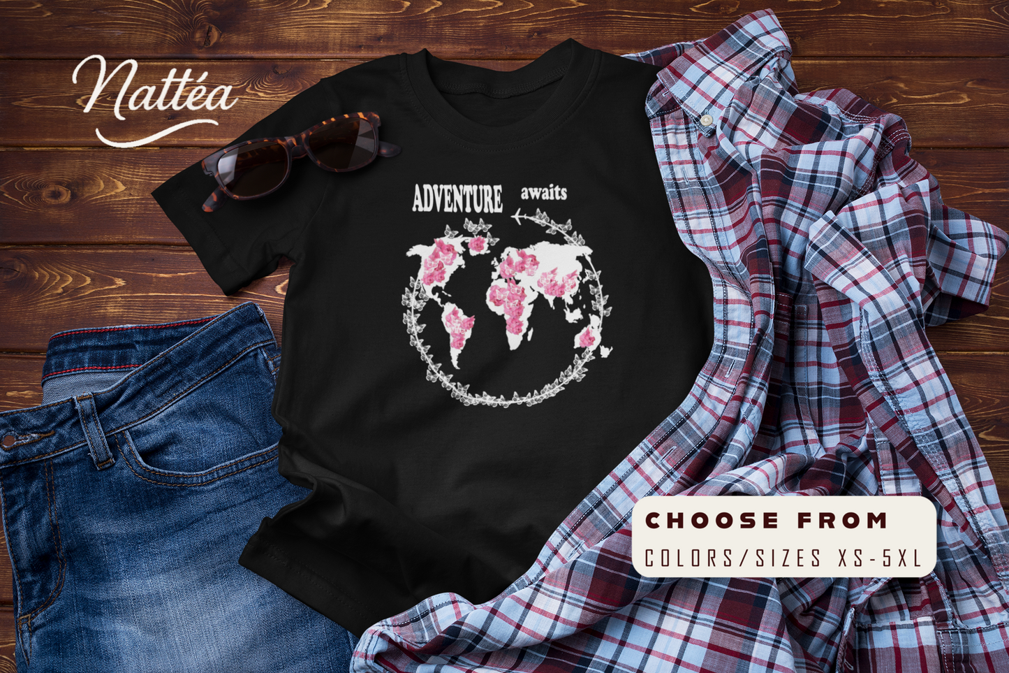 Floral World Map T-Shirt – Travel the World Adventure Awaits