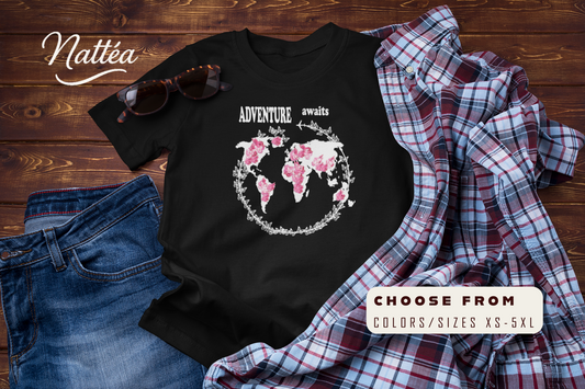 Floral World Map T-Shirt – Travel the World Adventure Awaits