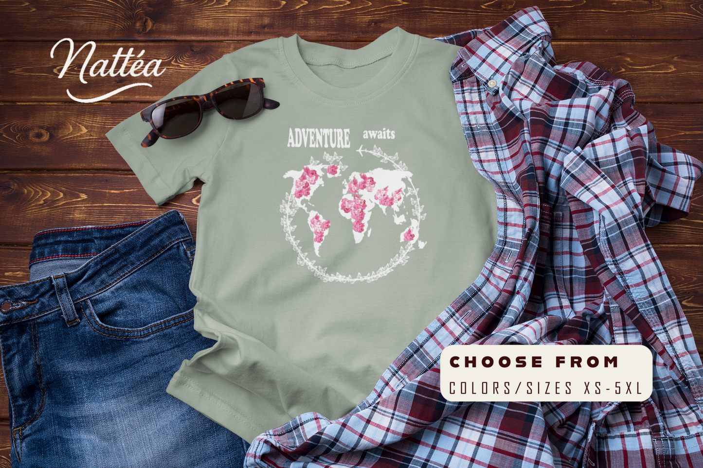 Floral World Map T-Shirt – Travel the World Adventure Awaits