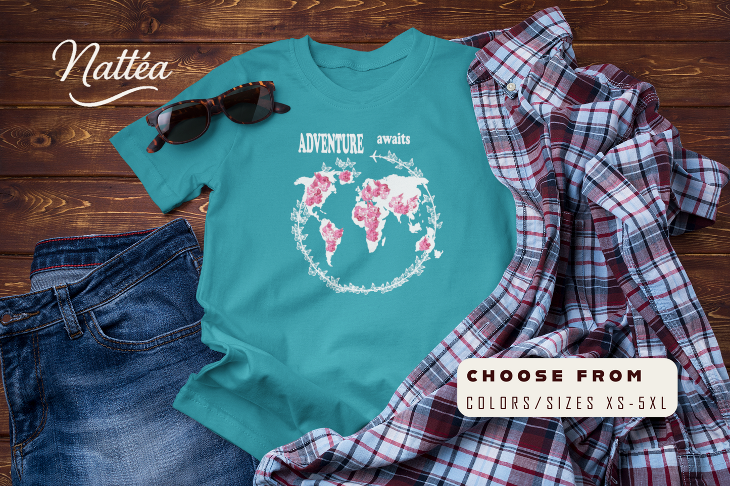 Floral World Map T-Shirt – Travel the World Adventure Awaits