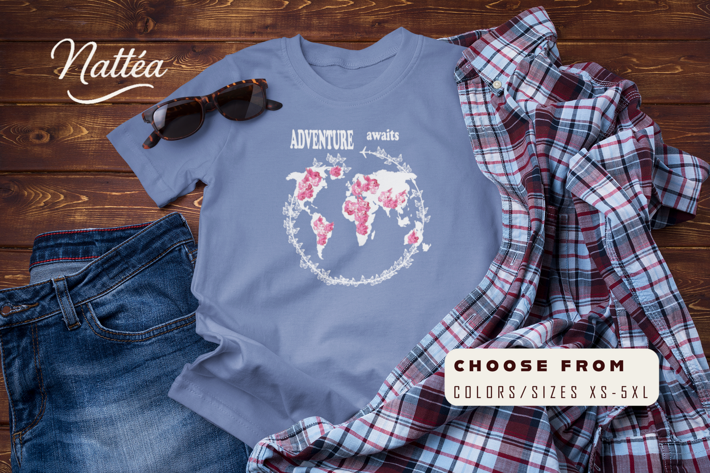 Floral World Map T-Shirt – Travel the World Adventure Awaits