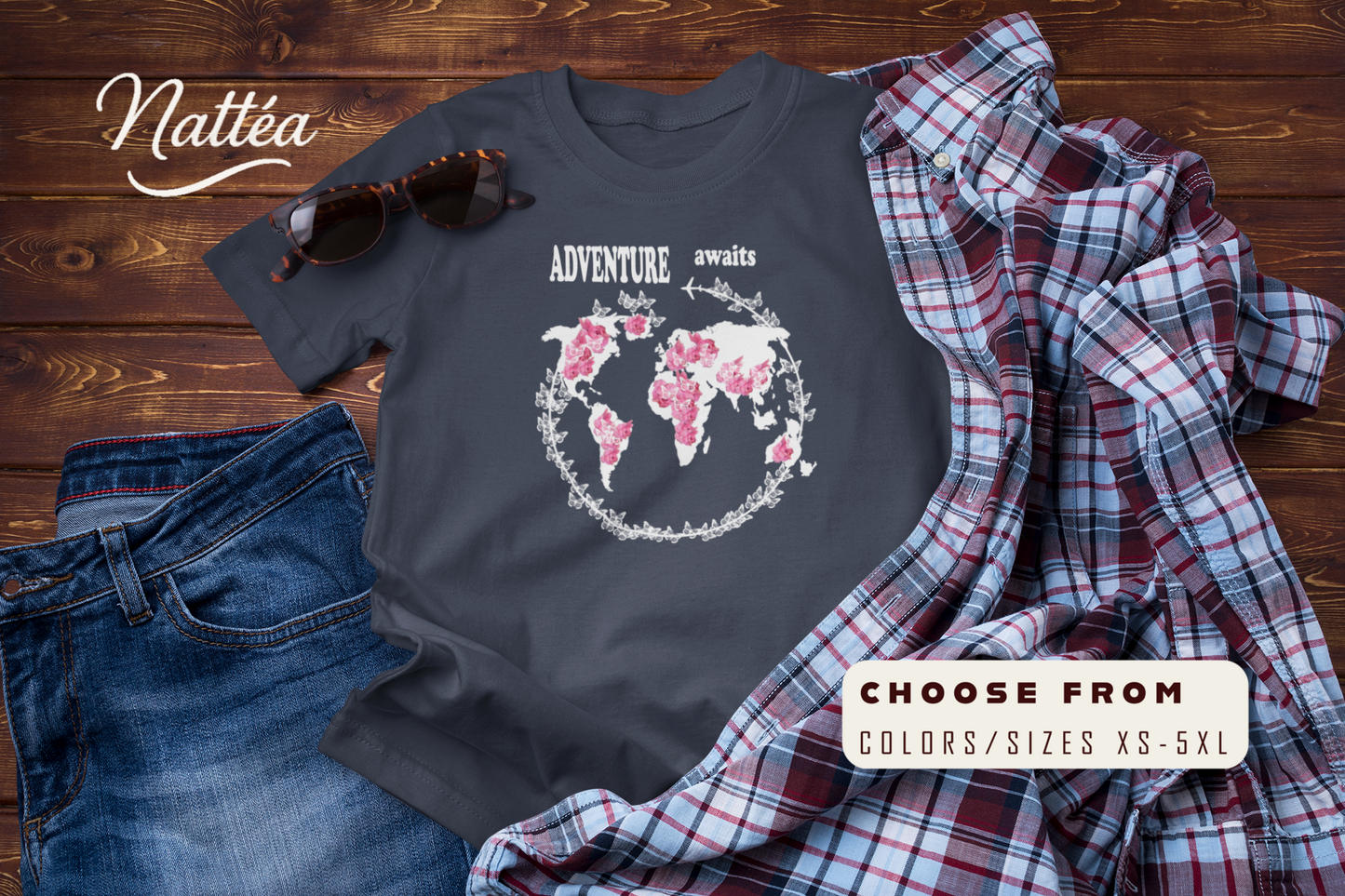 Floral World Map T-Shirt – Travel the World Adventure Awaits