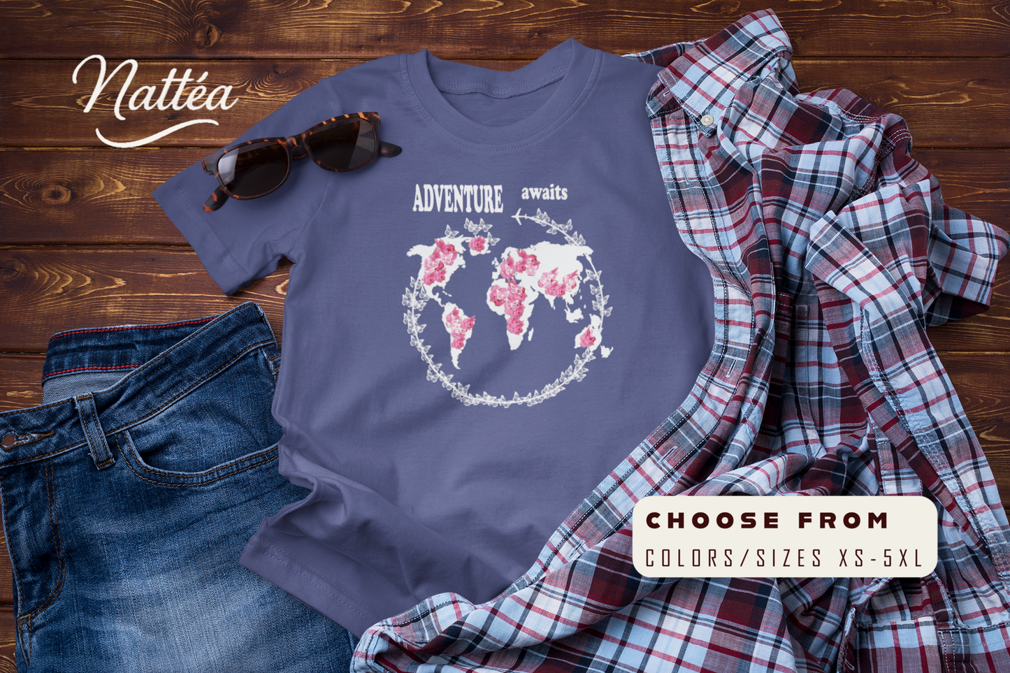 Floral World Map T-Shirt – Travel the World Adventure Awaits