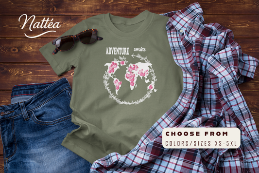 Floral World Map T-Shirt – Travel the World Adventure Awaits