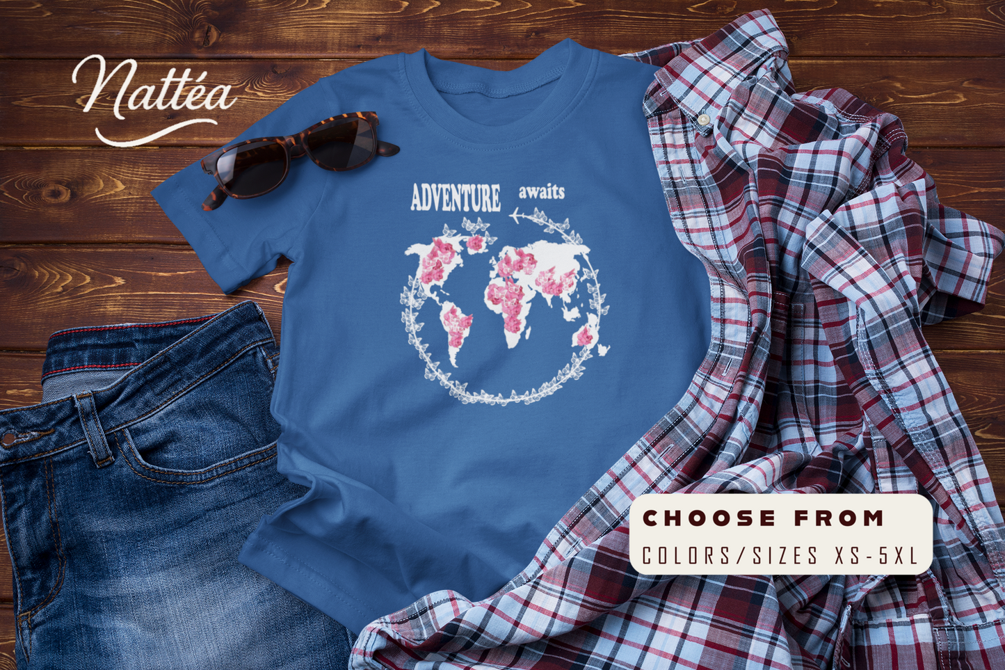 Floral World Map T-Shirt – Travel the World Adventure Awaits