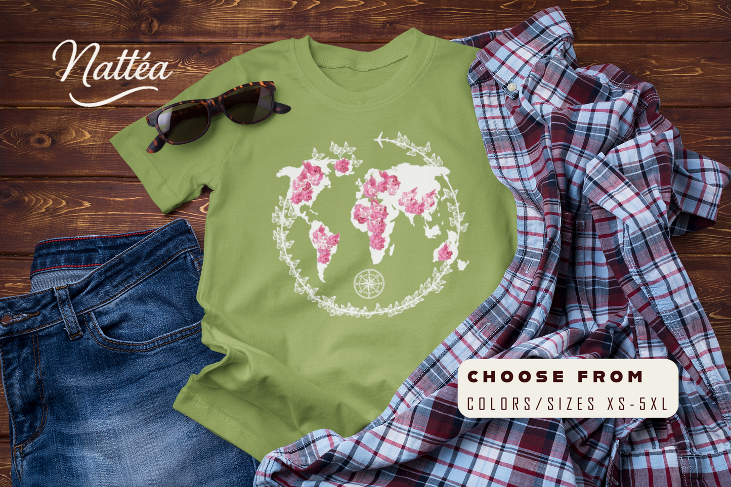 Floral World Map T-Shirt – Travel the World Compass Adventure Tee