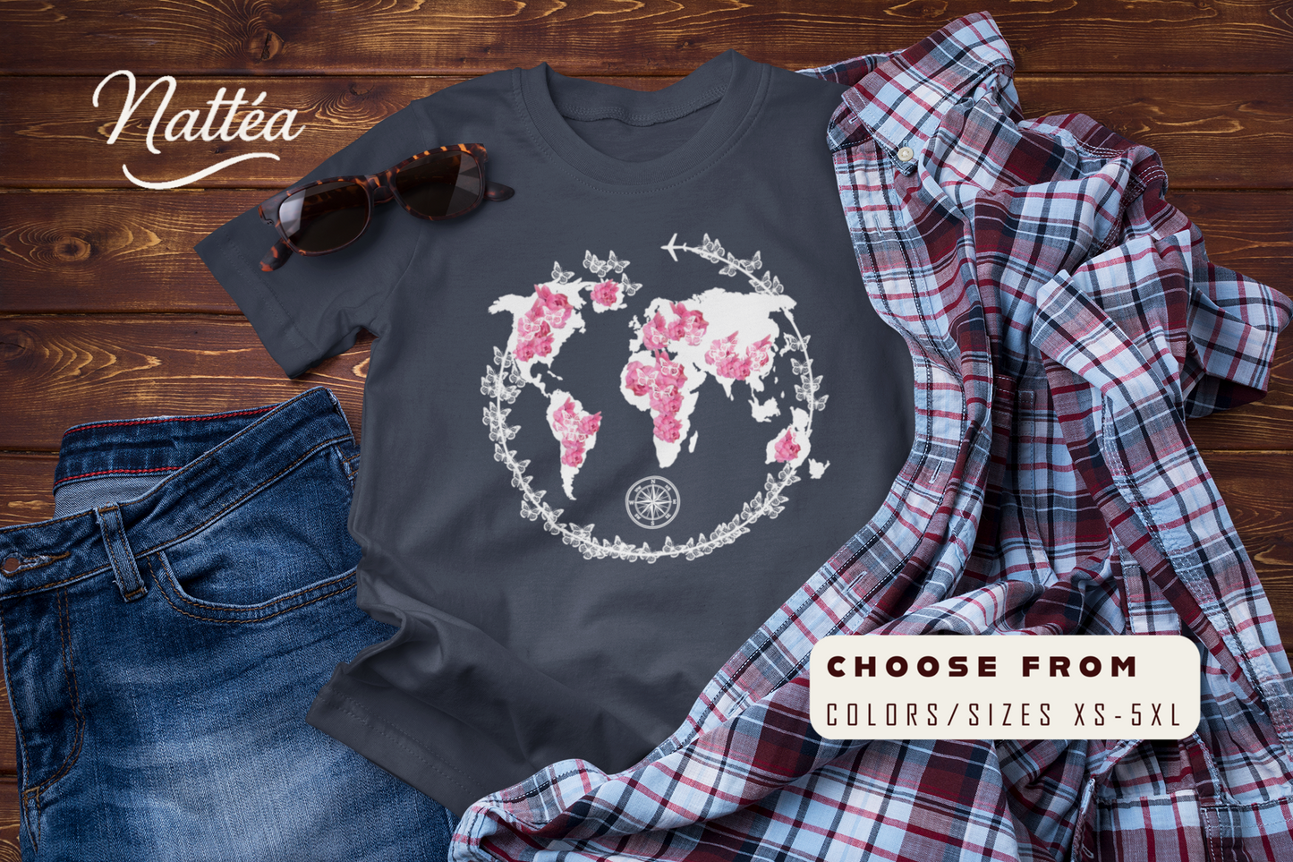 Floral World Map T-Shirt – Travel the World Compass Adventure Tee