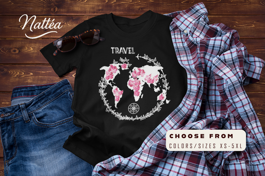 Floral World Map Travel T-Shirt – Compass Adventure Tee