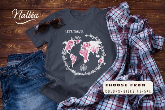 Floral World Map T-Shirt – Let’s Travel Adventure Tee for Globe Lovers