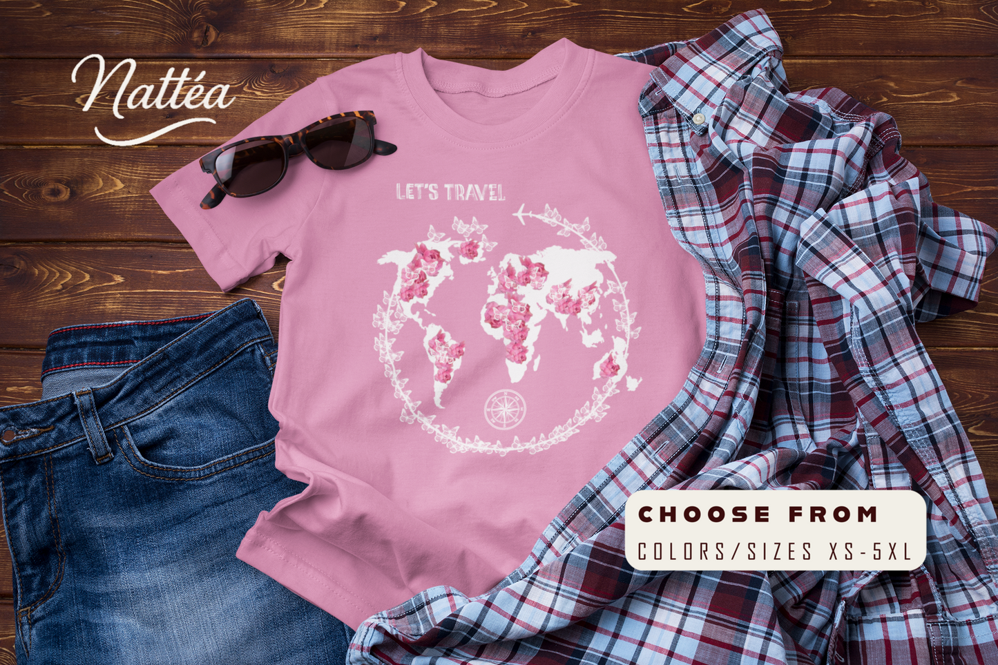 Floral World Map T-Shirt – Let’s Travel Adventure Tee for Globe Lovers