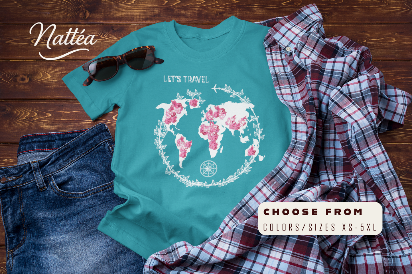 Floral World Map T-Shirt – Let’s Travel Adventure Tee for Globe Lovers