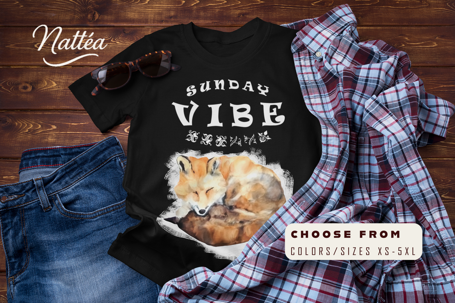 Sunday Vibe Fox T-Shirt – Watercolor Animal Art for Relaxed Style