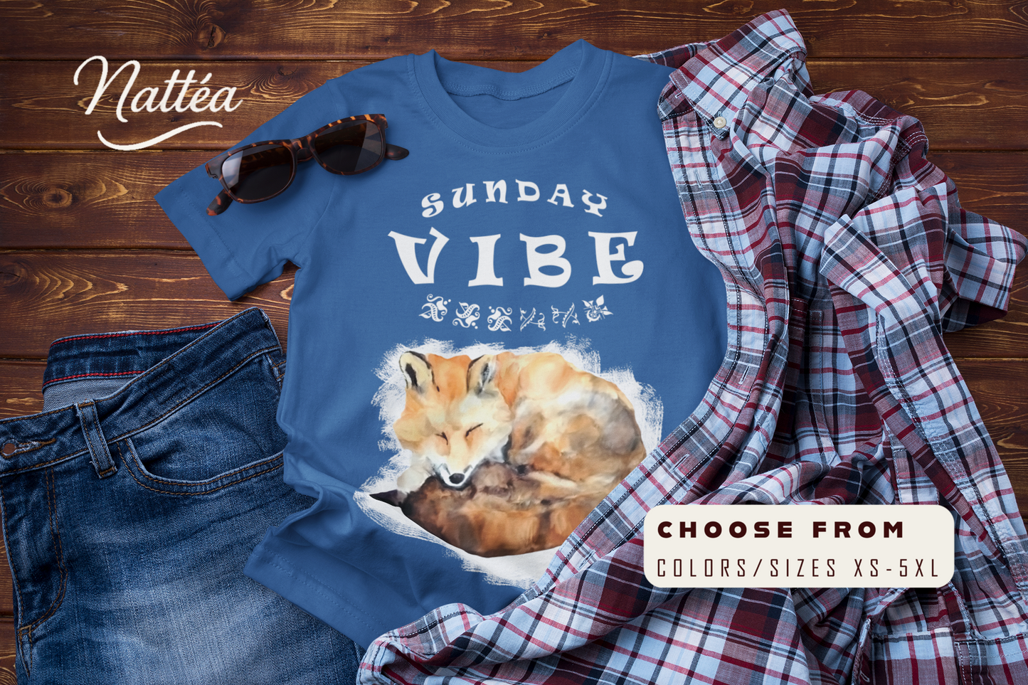 Sunday Vibe Fox T-Shirt – Watercolor Animal Art for Relaxed Style