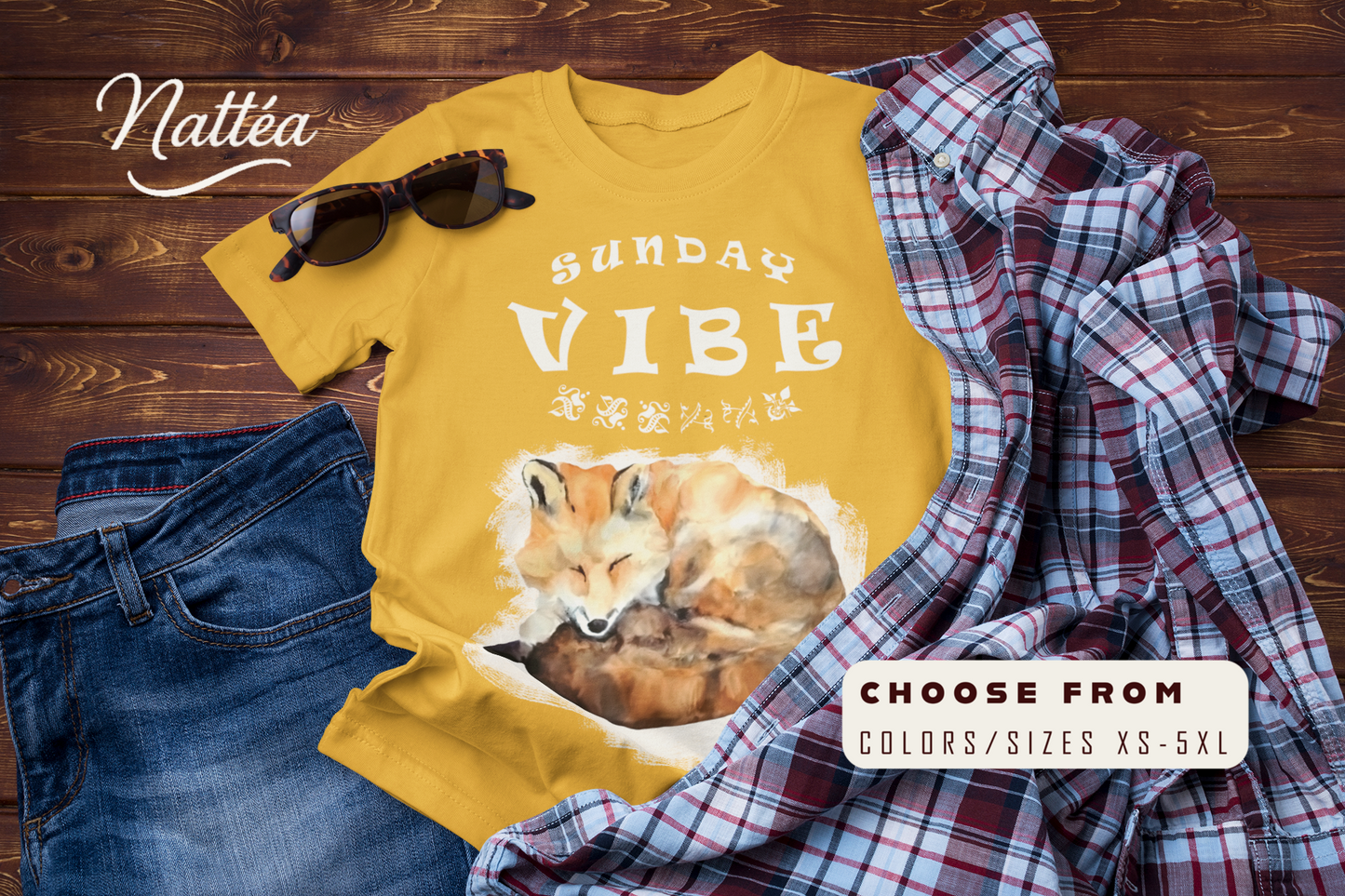 Sunday Vibe Fox T-Shirt – Watercolor Animal Art for Relaxed Style