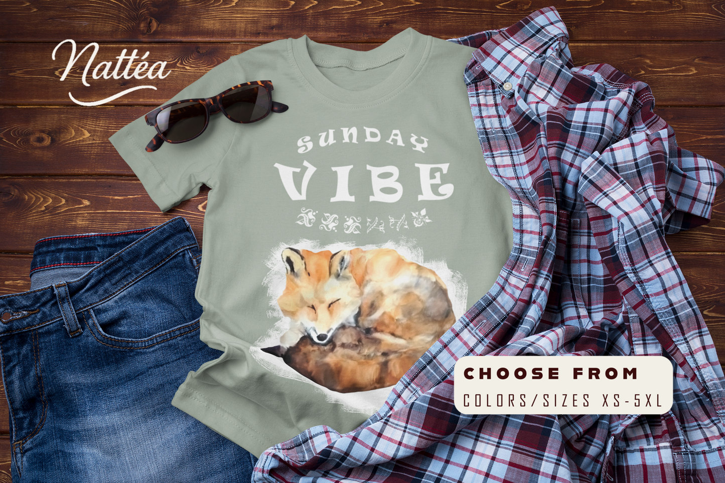 Sunday Vibe Fox T-Shirt – Watercolor Animal Art for Relaxed Style