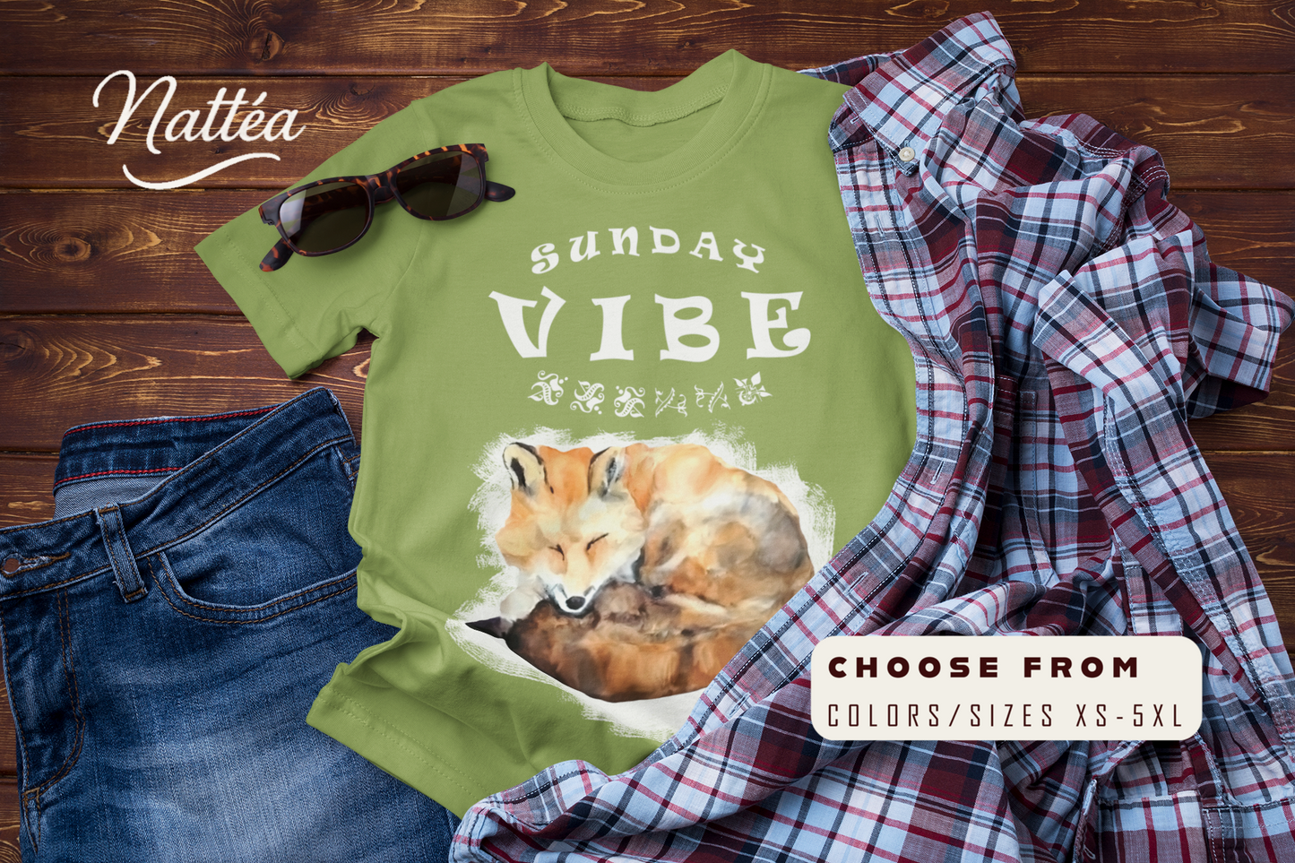 Sunday Vibe Fox T-Shirt – Watercolor Animal Art for Relaxed Style