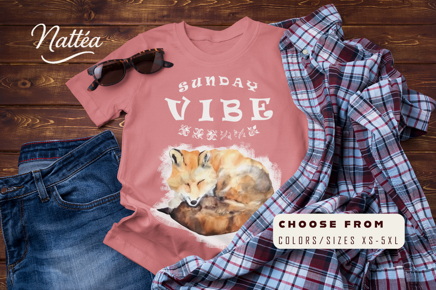 Sunday Vibe Fox T-Shirt – Watercolor Animal Art for Relaxed Style