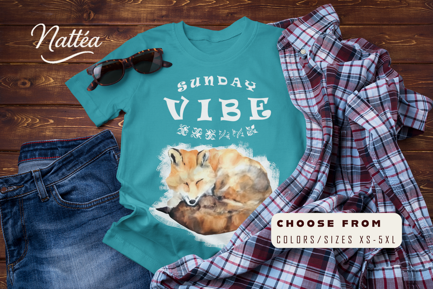 Sunday Vibe Fox T-Shirt – Watercolor Animal Art for Relaxed Style