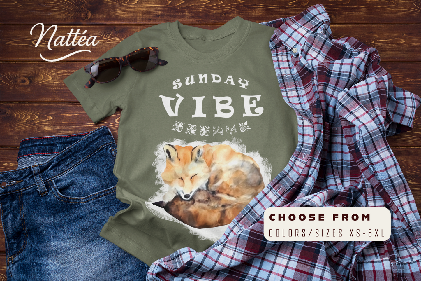 Sunday Vibe Fox T-Shirt – Watercolor Animal Art for Relaxed Style