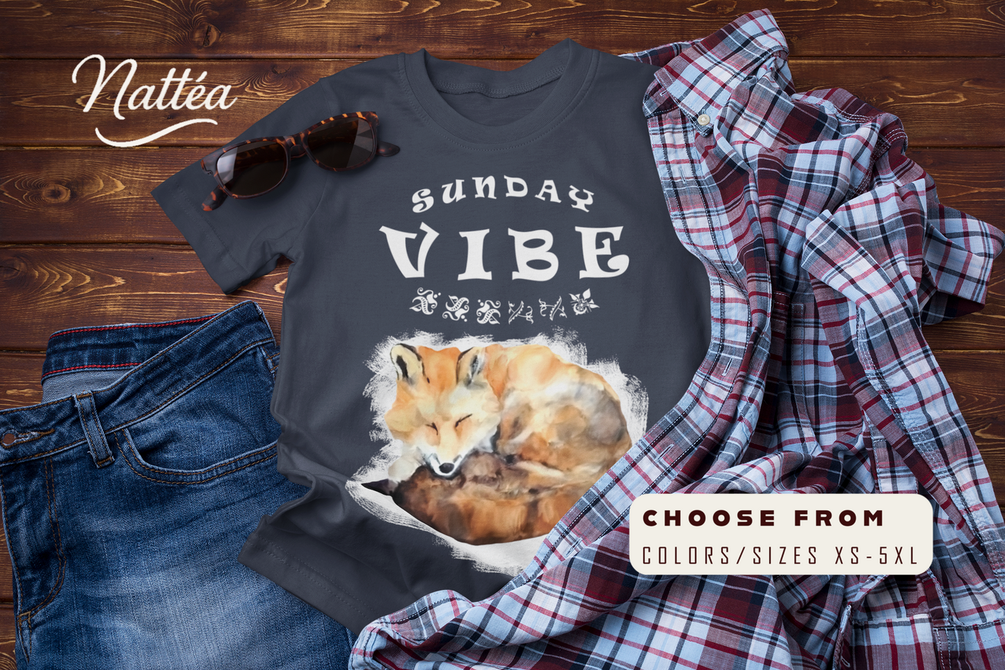 Sunday Vibe Fox T-Shirt – Watercolor Animal Art for Relaxed Style