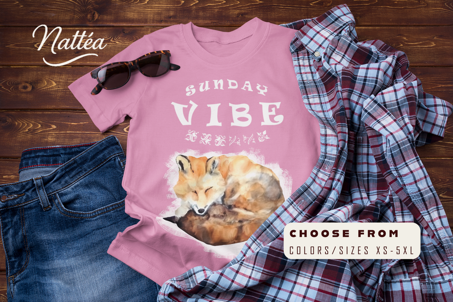 Sunday Vibe Fox T-Shirt – Watercolor Animal Art for Relaxed Style