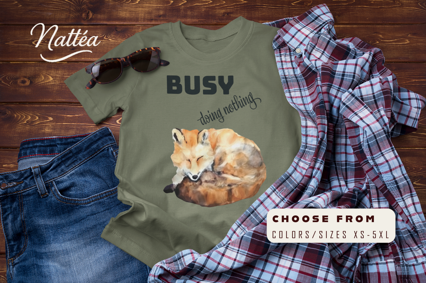 Watercolor Fox T-Shirt – “I Am Busy Doing Nothing” Funny Quote Design