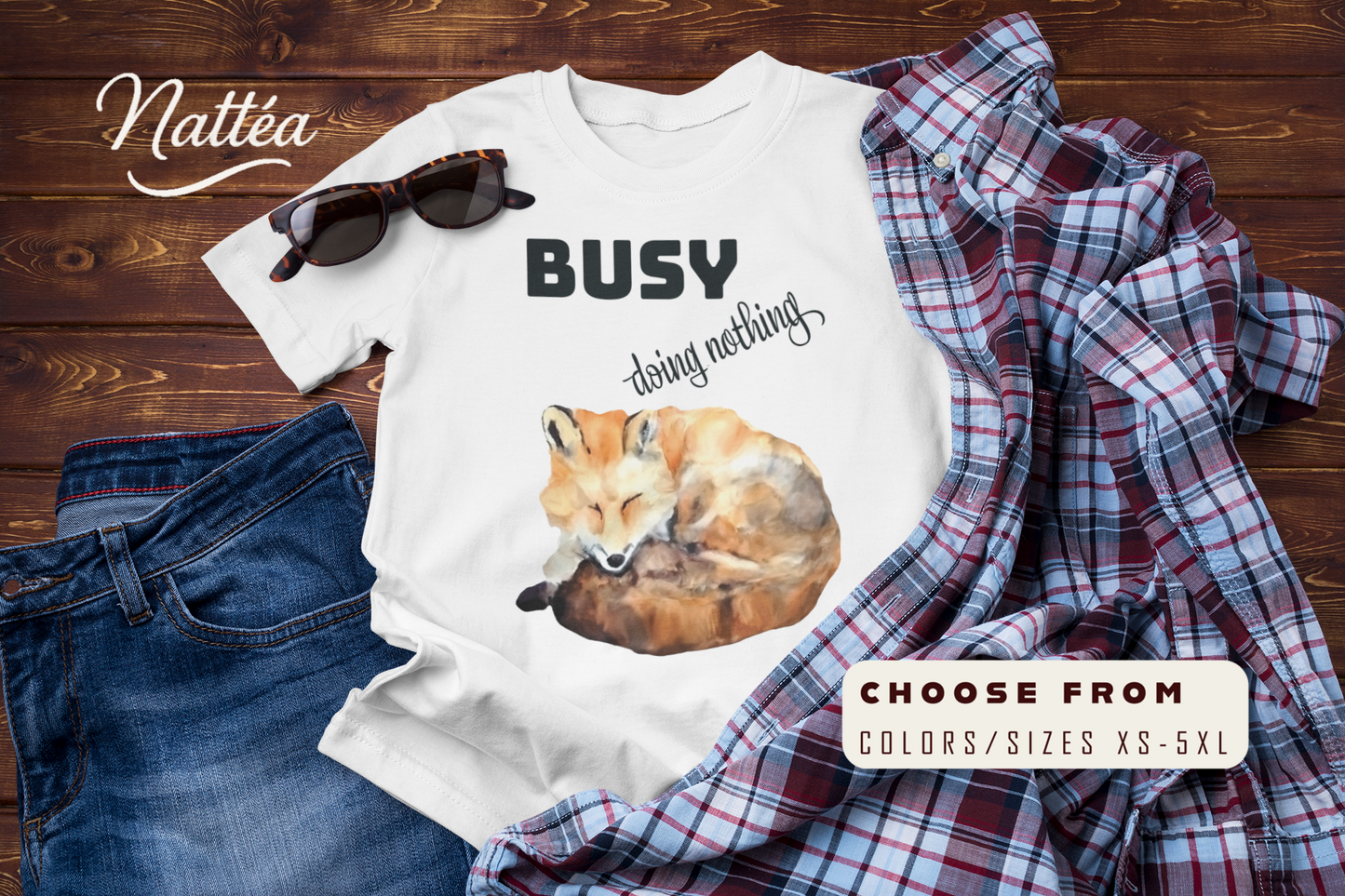 Watercolor Fox T-Shirt – “I Am Busy Doing Nothing” Funny Quote Design
