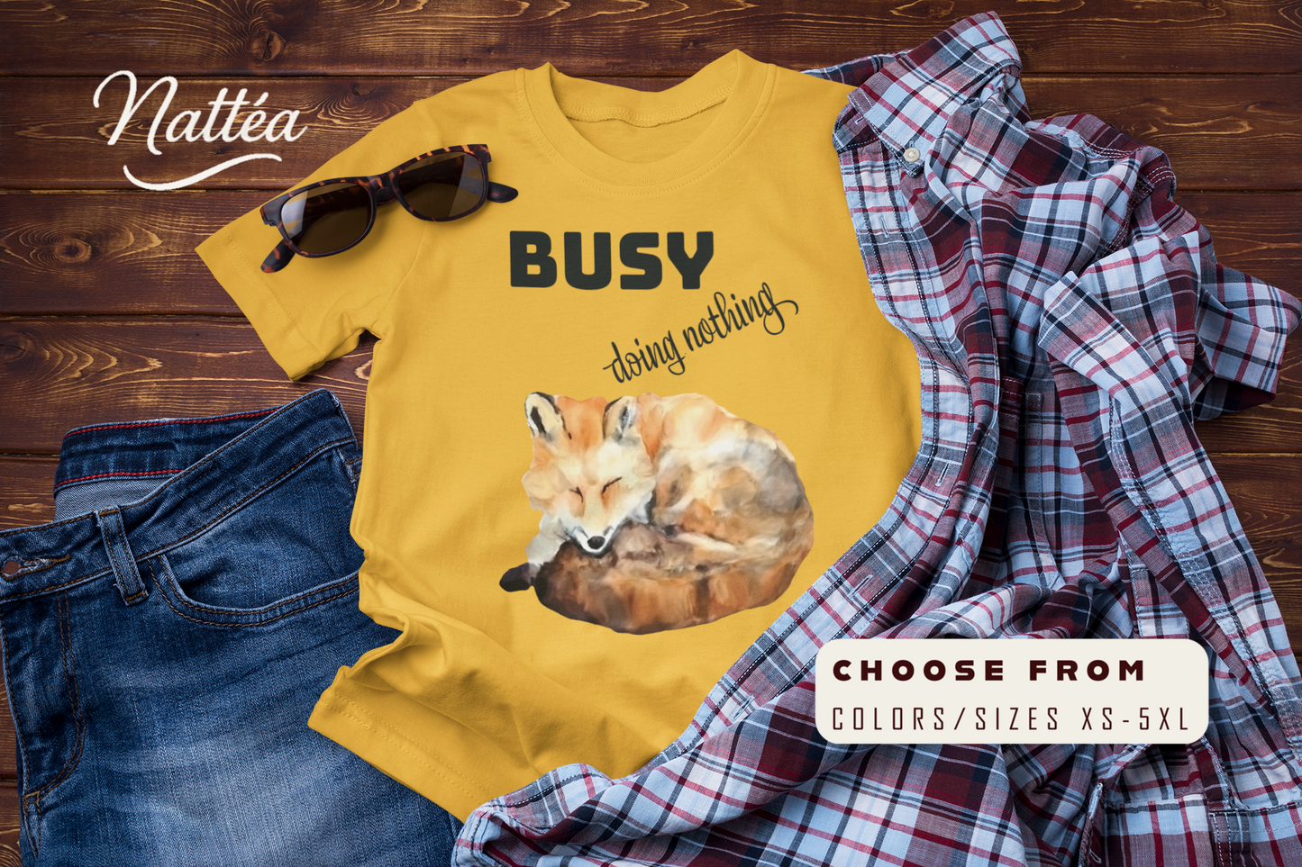 Watercolor Fox T-Shirt – “I Am Busy Doing Nothing” Funny Quote Design