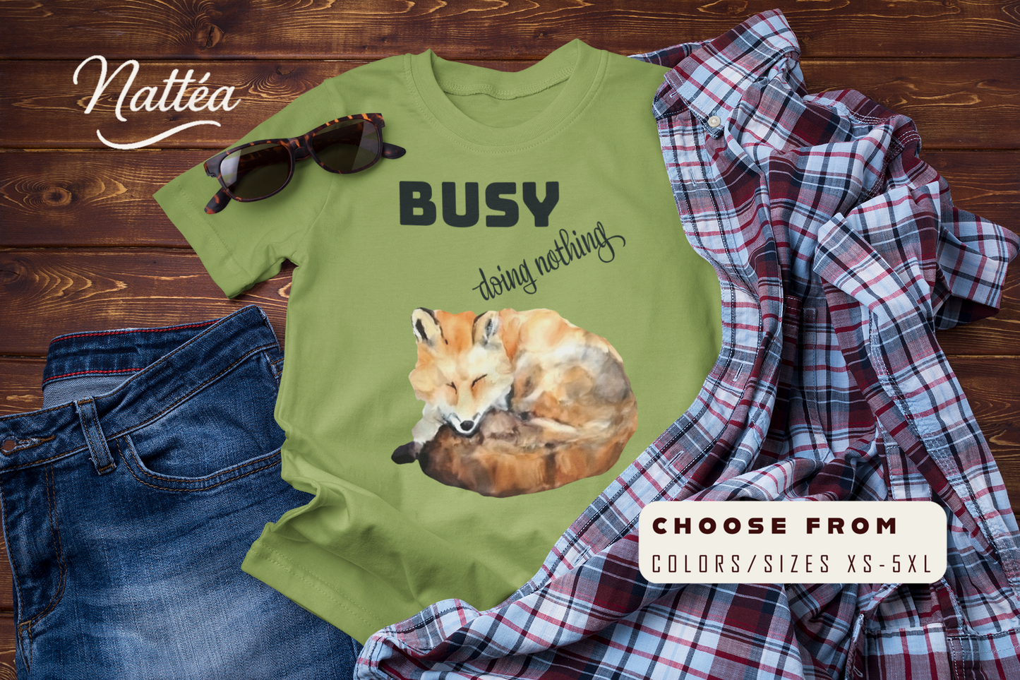 Watercolor Fox T-Shirt – “I Am Busy Doing Nothing” Funny Quote Design