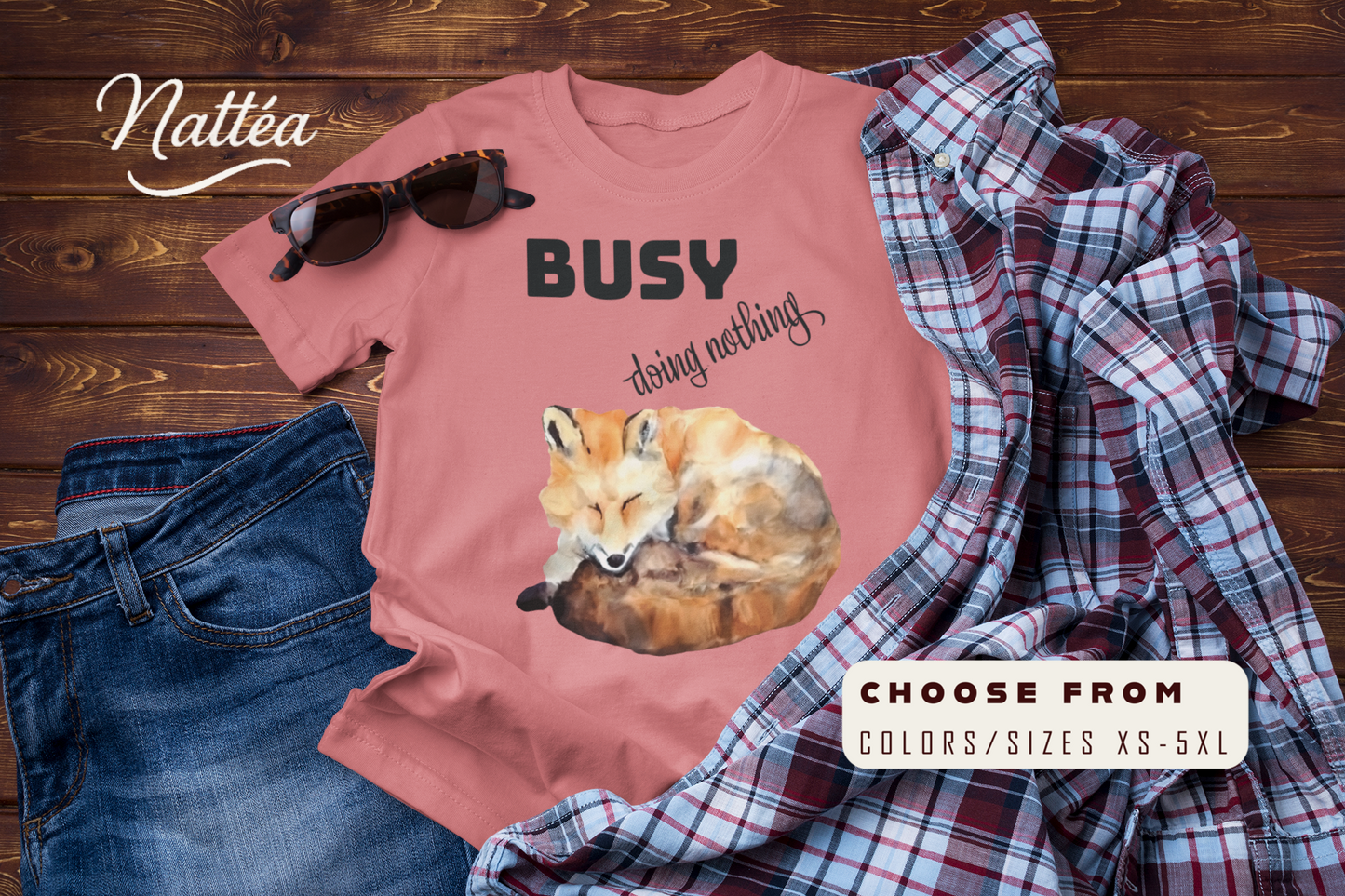 Watercolor Fox T-Shirt – “I Am Busy Doing Nothing” Funny Quote Design