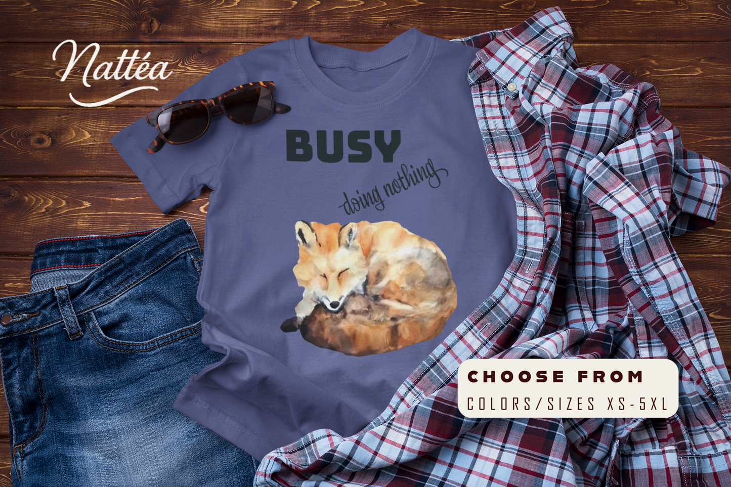 Watercolor Fox T-Shirt – “I Am Busy Doing Nothing” Funny Quote Design