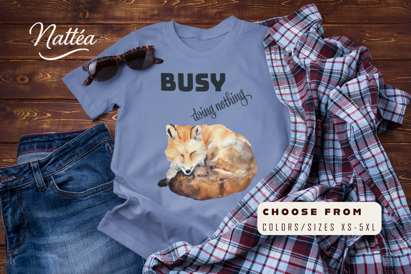 Watercolor Fox T-Shirt – “I Am Busy Doing Nothing” Funny Quote Design