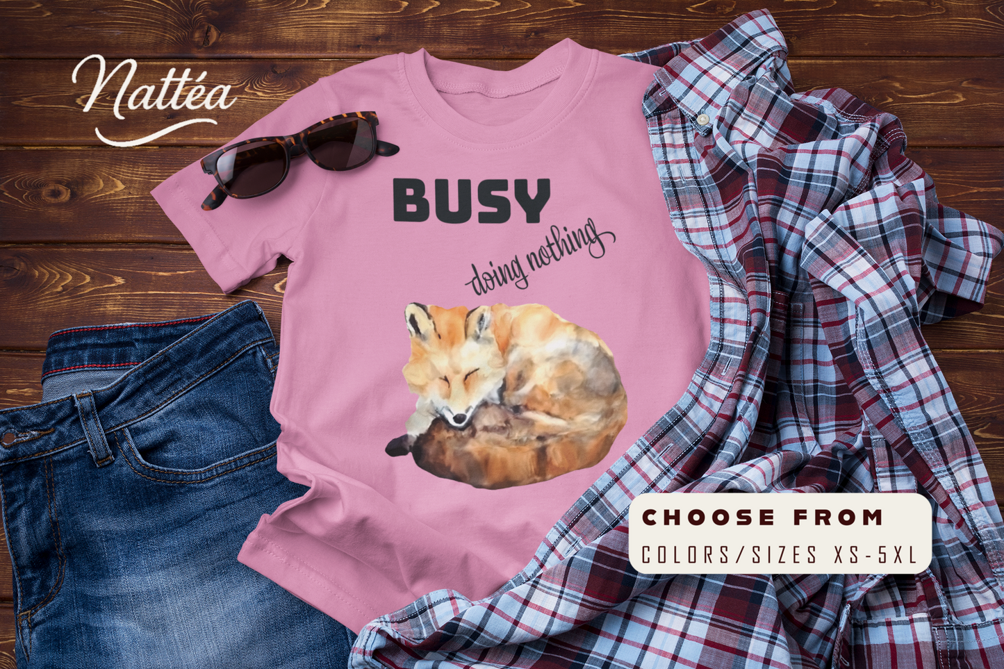 Watercolor Fox T-Shirt – “I Am Busy Doing Nothing” Funny Quote Design