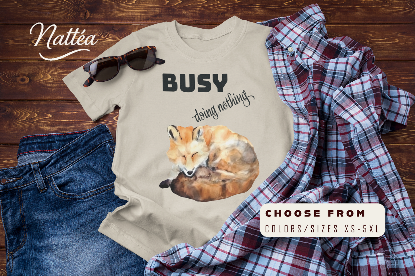 Watercolor Fox T-Shirt – “I Am Busy Doing Nothing” Funny Quote Design