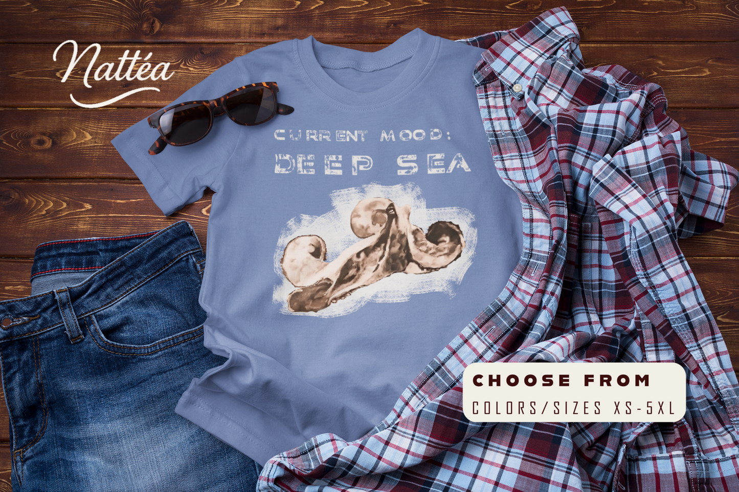 Funny Octopus T-Shirt – Vintage Ocean Art “Current Mood Deep Sea” Design