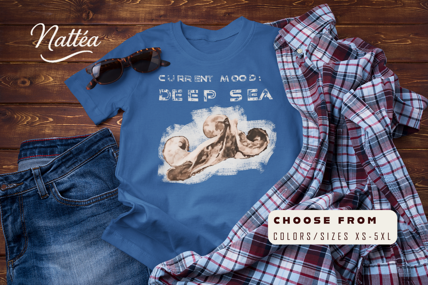 Funny Octopus T-Shirt – Vintage Ocean Art “Current Mood Deep Sea” Design