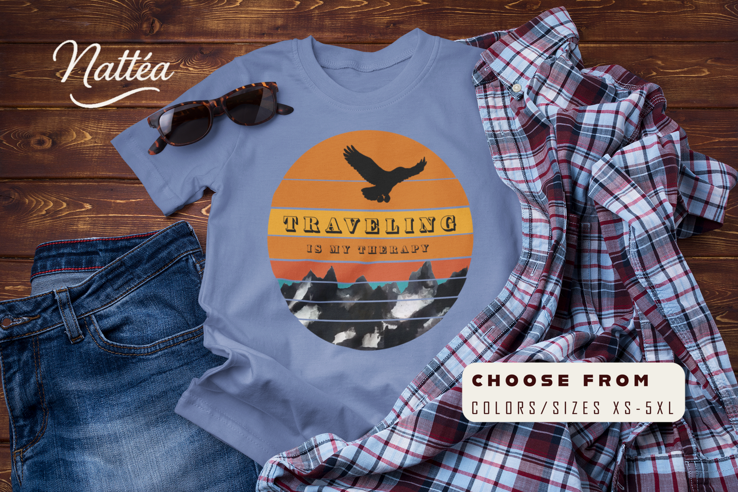 Traveling Is My Therapy T-Shirt – Vintage Mountain Scene Retro Sunset Tee
