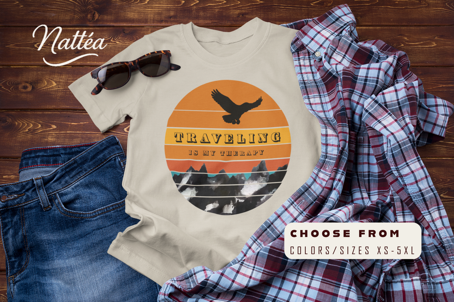 Traveling Is My Therapy T-Shirt – Vintage Mountain Scene Retro Sunset Tee