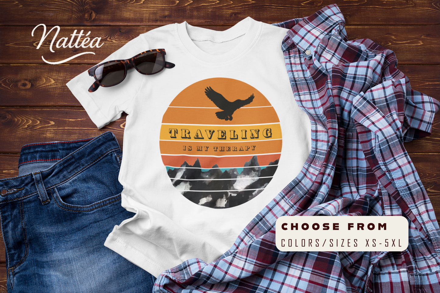 Traveling Is My Therapy T-Shirt – Vintage Mountain Scene Retro Sunset Tee