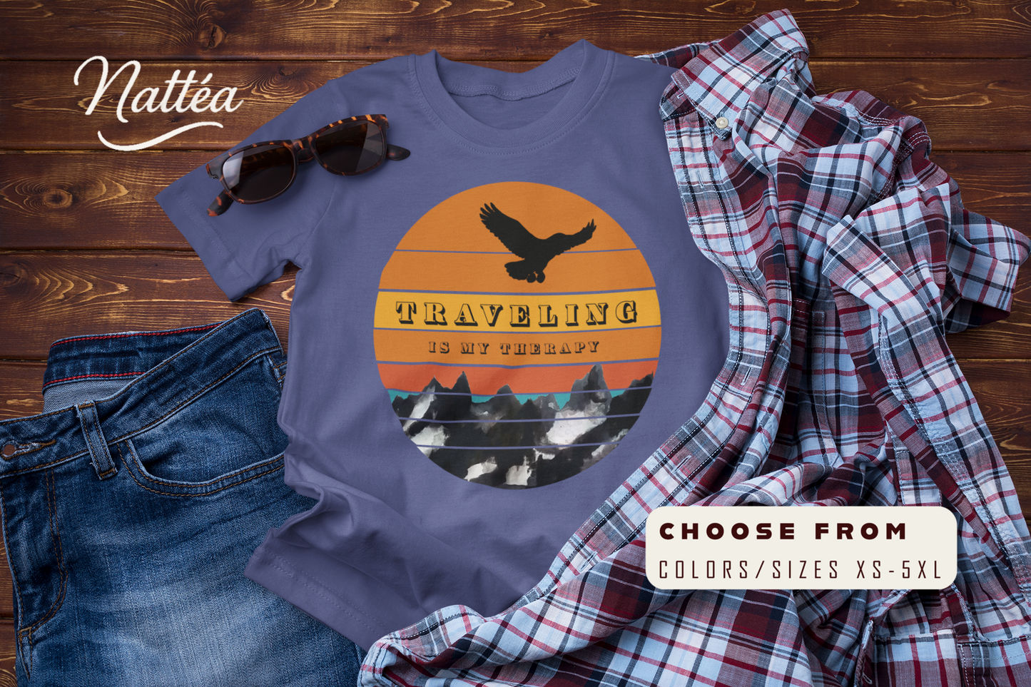 Traveling Is My Therapy T-Shirt – Vintage Mountain Scene Retro Sunset Tee
