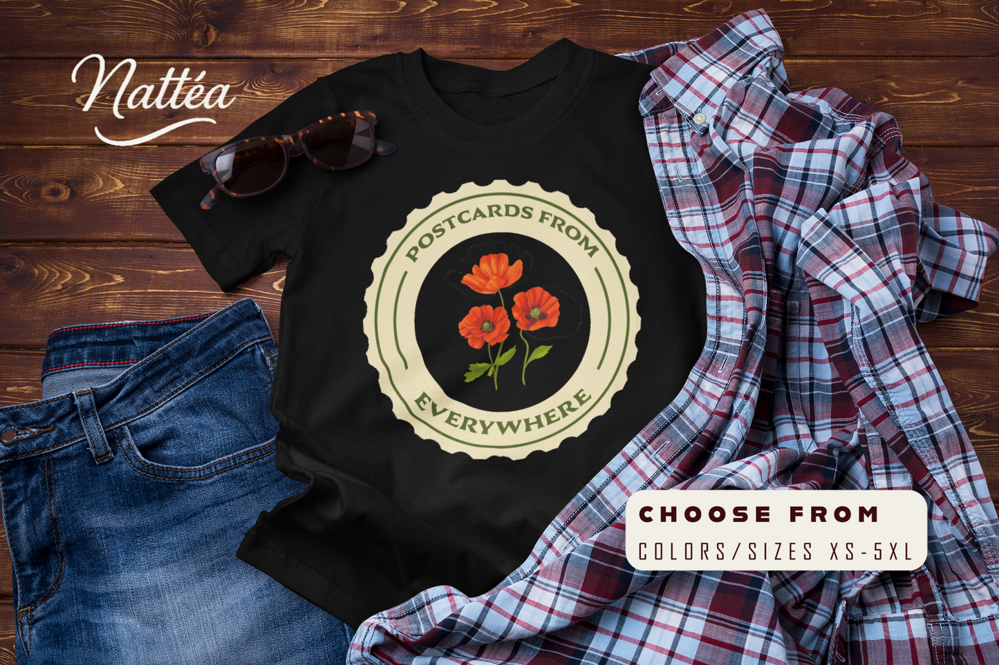 Postcards from Everywhere T-Shirt – Vintage Poppy Field Travel Tee