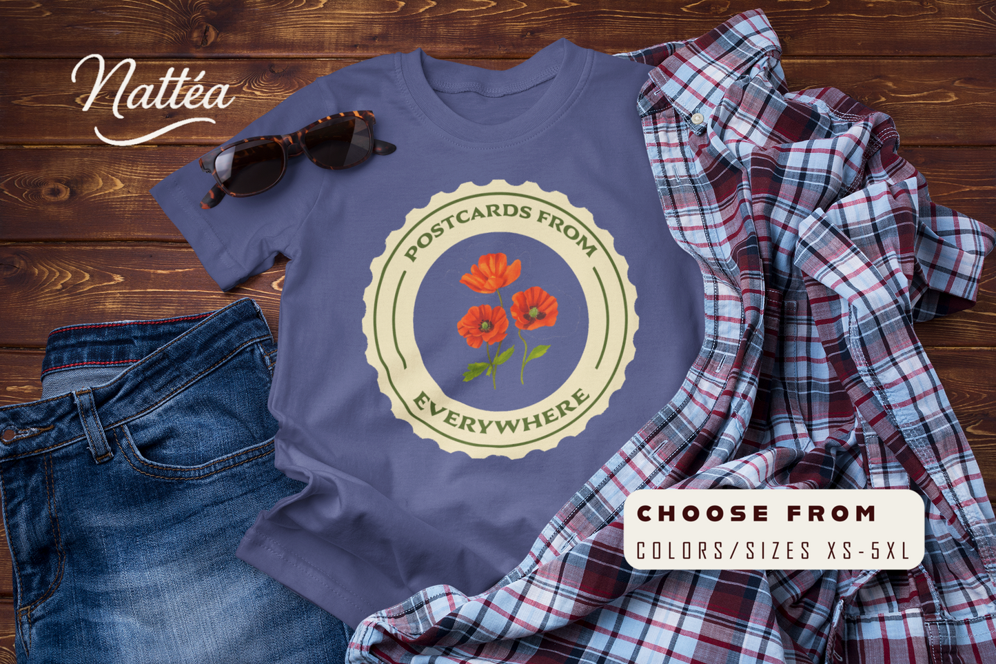 Postcards from Everywhere T-Shirt – Vintage Poppy Field Travel Tee